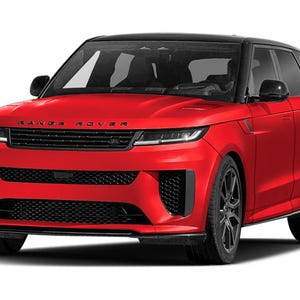 May include: A red Range Rover Sport SUV with a black roof and black wheels. The front grille and lower air intakes are black. The vehicle has the Range Rover name across the hood.