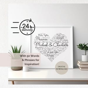 Personalized Heart Word Art Print, Custom Couple Names Wall Art, Word Cloud Print Digital, Wedding Wall Art Custom, Couple Anniversary Gift