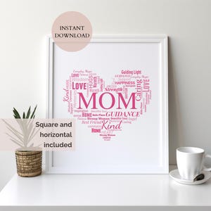 Utskrivbar mammapresent, mammaordmolntryck, rosa hjärtakonstverk, inspirerande citatkonst, mors dag-presentväggkonst, ordkonst direktnedladdning