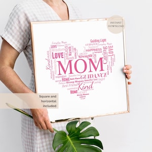 May include: A square wall art print featuring the word MOM in large pink letters at the center, surrounded by various words like Love, Kind, and Guidance arranged in a heart shape. The design is set against a white background within a thin frame.
