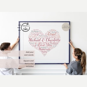 Personalized Heart Word Art Print, Custom Couple Names Wall Art, Word Cloud Print Digital, Wedding Wall Art Custom, Couple Anniversary Gift