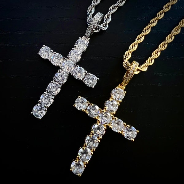 Iced Diamond Tennis Cross Pendant Necklace with 3mm Gold / Silver Rope Chain | Men's Hip Hop Jewelry | Christian Christ - LIFETIME WARRANTY