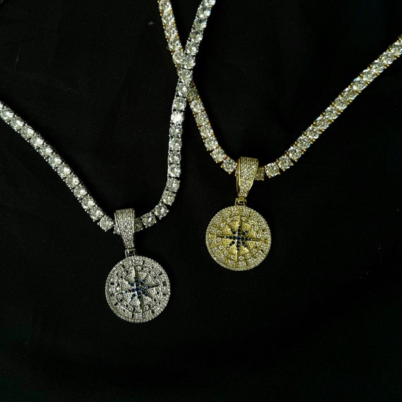 Iced Diamond Compass Pendant Necklace with Diamond Tennis Chain | Men's Hip Hop Jewelry | LIFETIME WARRANTY