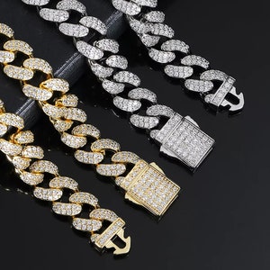 Iced Diamond Miami Cuban Link Chain 12mm White Gold and Gold Men's ...