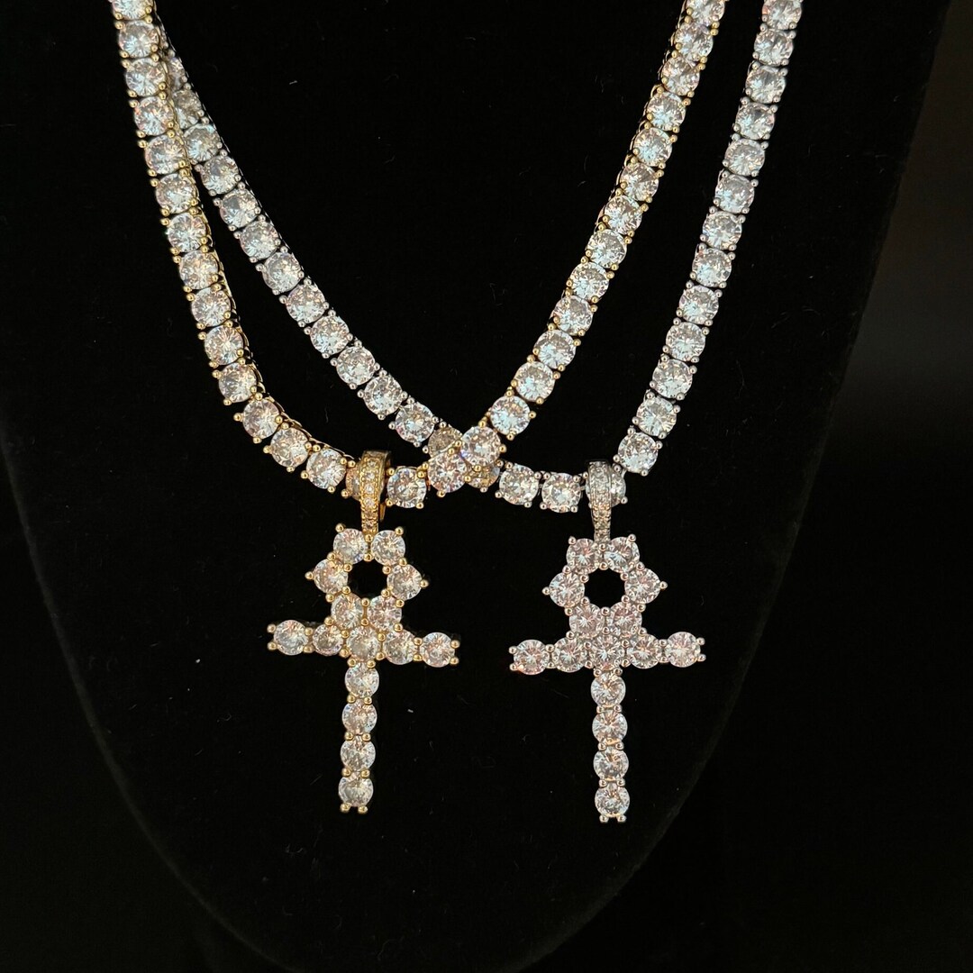 Necklace Cross Mens Men's Iced Ankh Cross Pendant & Rope Chain - Foto 7