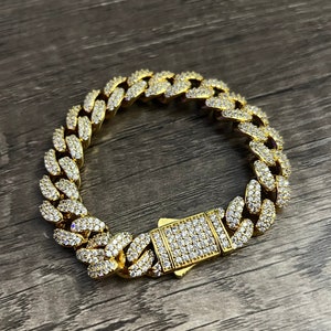 Iced Out 18k Gold Miami Cuban Link Bracelet Chain 12mm Men's Hip Hop ...