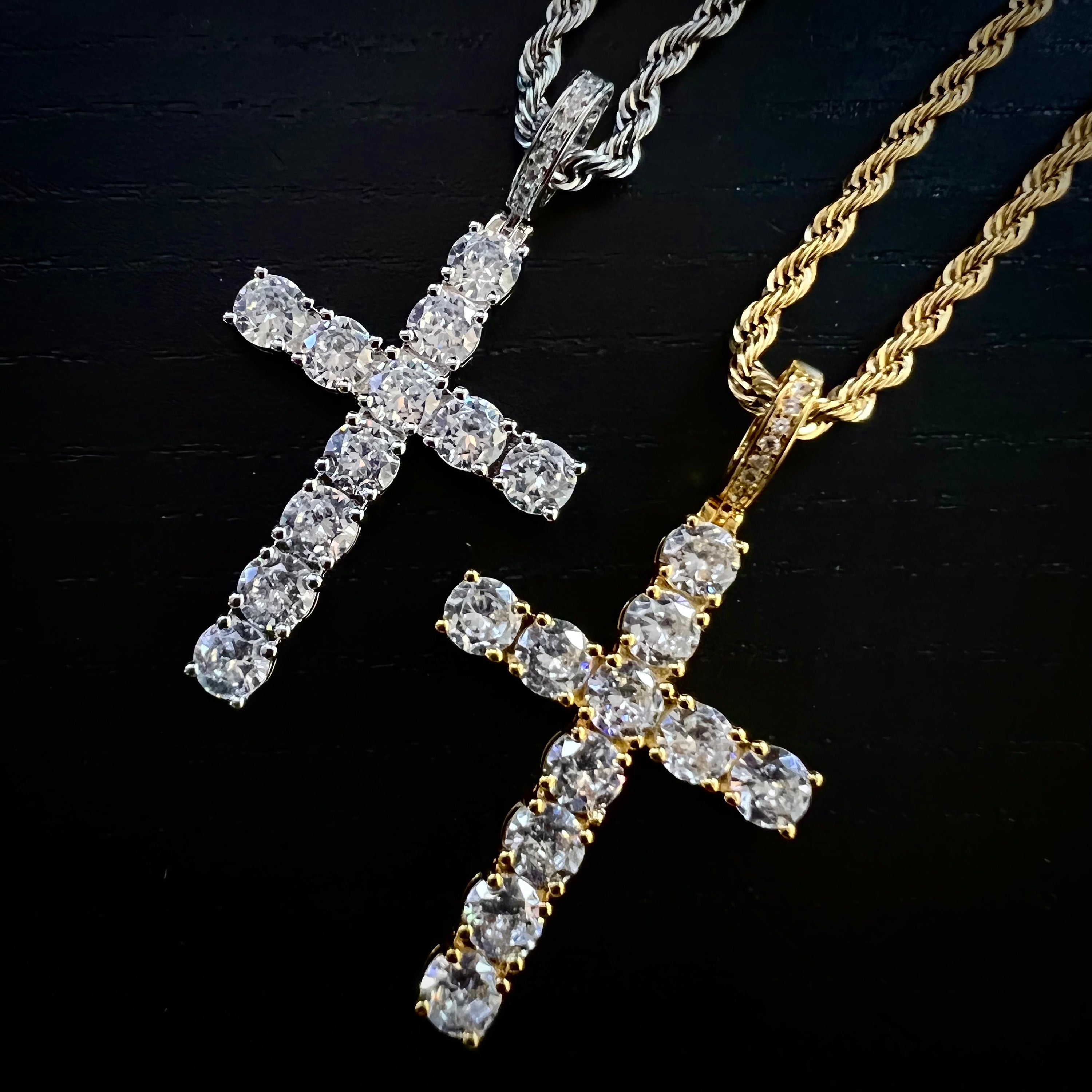 Iced Diamond Tennis Cross Pendant Necklace With 5mm Gold / Silver