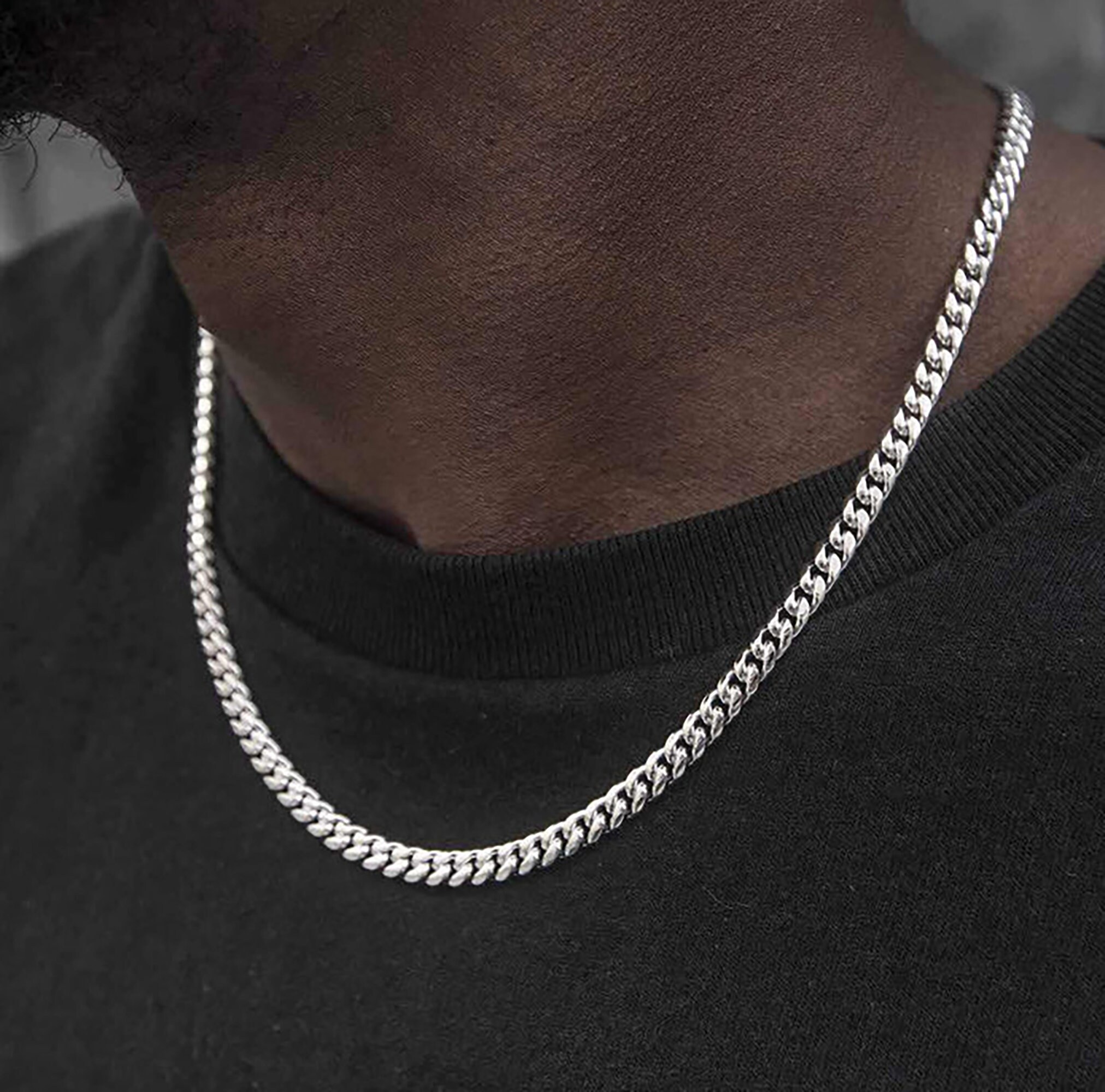 Men's White Gold Plated Stainless Steel Cuban Link Chain Necklace 8mm With CZ, Iced Out, PYBLING