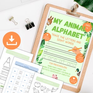 Rastreo de palabras del alfabeto animal - Descarga digital para niños en edad preescolar/ Rastreo de letras / Hoja de trabajo imprimible/ Libros de trabajo educativos