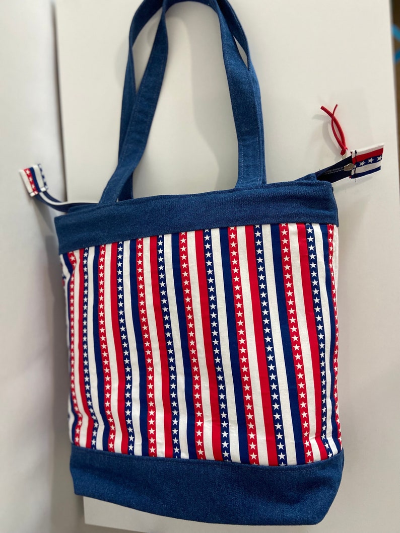 Fourth of july tote bag with zip closure and outside denim etsy