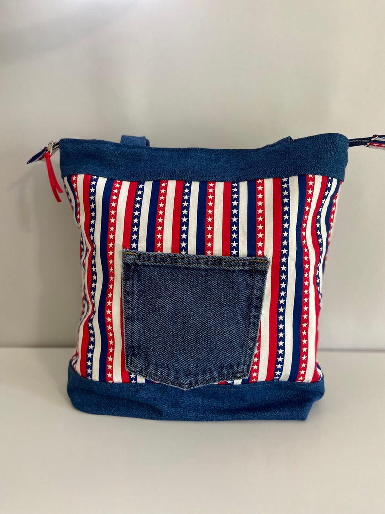 Fourth of july tote bag with zip closure and outside denim etsy
