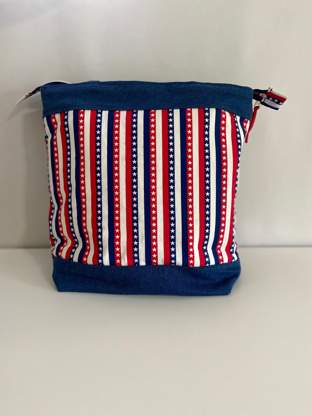 Fourth of july tote bag with zip closure and outside denim etsy