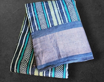 Door de overheid gecertificeerde sari van Tussar-zijde: eigentijds gestreept ontwerp | Indiase zijden sari | Traditioneel elegant gordijn