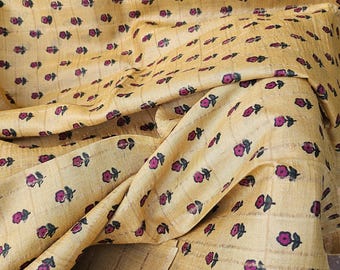 Gele Tussar-zijde met bloemenprint en Zari