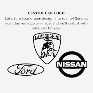 Può includere: Loghi di auto in bianco e nero per Lamborghini, Nissan e Ford. L'immagine include il testo "CUSTOM CAR LOGO" e una descrizione di come trasformare i design in realtà.