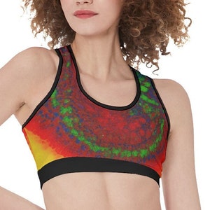 Practical and comfortable sports bra, printed in a lively and colorful design. Perfect for sports and yoga.