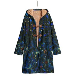 May include: A long, hooded coat with a blue and black abstract print. The coat has a brown toggle closure and a soft, brown fleece lining.