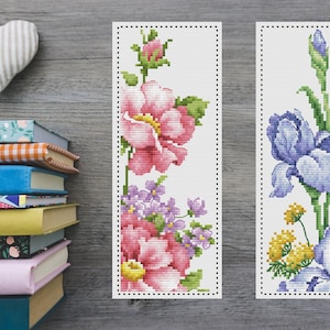 Bladwijzer rozen en irisbloemen kruissteekpatroonkaart twee kleurvariaties borduurpatroon borduursteek afdrukbare pdf direct downloaden