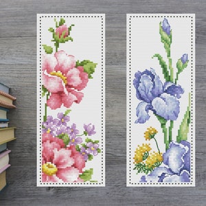 Roses and Iris flowers bookmark Cross Stitch Pattern  Chart Two Color Variations Needlepoint Embroidery Chart Printable PDF Instant Download