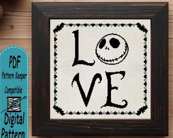 Kreuzstichmuster „Gothic Love“, Stickvorlage „Skelettpaar“, gruselige Liebesstickerei, weihnachtliches PDF zum sofortigen Download