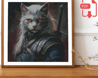 Witcher Cat Cross Stitch Pattern: Two Color DMC Chart (PDF Download)