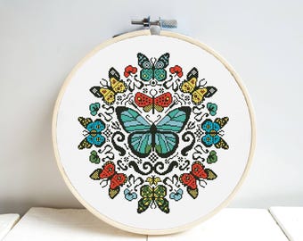 Butterfly Mandala Cross Stitch Pattern: Two Color DMC Chart (PDF Download)