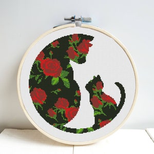 Cats and roses Cross Stitch Pattern DMC Chart Two Color Variations Needlepoint Embroidery Chart Printable PDF Instant Download