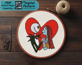 Gotisches Valentinstag-Kreuzstichmuster, Stickvorlage für ein Skelettpaar, Gruselige Liebes-Stickerei, Feiertags-PDF zum sofortigen Download