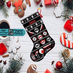 Horror Christmas Stocking Cross Stitch Pattern, Gothic Xmas Sock PDF Download, Spooky Needlepoint Embroidery Chart