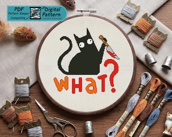 Lustige Katze – Kreuzstichmuster (PDF) – Halloween-Stickvorlage mit schwarzer Katze – Monochromes Katzen-Nadelstichmuster – Niedliche Hexenkatze – Bastelvorlage (PDF)