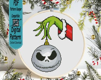 Christmas Skeleton Bauble Cross Stitch Pattern, Green Hand Spooky Bauble Embroidery Chart, Holiday XStitch Design, Winter Creepy Decor, PDF