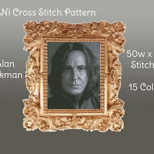 May include: A black and white cross stitch pattern of Alan Rickman as Severus Snape from the Harry Potter series. The pattern is framed in a gold ornate frame. The pattern is 50 stitches wide by 64 stitches high and uses 15 colors.