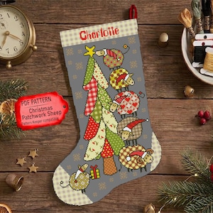 Christmas Patchwork Sheep Stocking Cross Stitch Pattern PDF, Personalized Xmas Stocking Chart, Christmas Tree Pattern, Pattern Keeper
