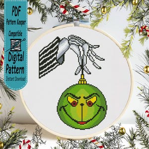 Gothic Christmas Cross Stitch Pattern, Skeleton Hand and Green Monster Ornament, Spooky Holiday Needlepoint, Creepy Christmas Embroidery PDF