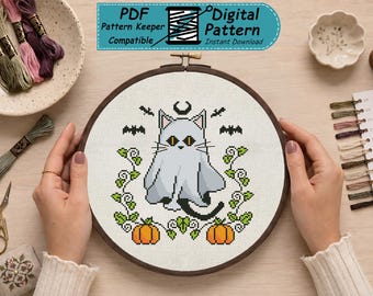かわいい幽霊猫のクロスステッチパターン、不気味なハロウィン猫のPDF、幽霊クロスステッチチャート、簡単なカボチャの刺繍、パターンキーパー対応