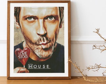 Wzór haftu krzyżykowego Dr. House'a Hugh Laurie'ego, schemat DMC, dwie wersje kolorystyczne, do wydruku w formacie PDF, natychmiastowe pobranie