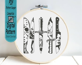 Weapons of maniacs Cross Stitch Pattern Horror Movie Knives DMC Needlepoint Embroidery Chart Printable PDF Instant Download