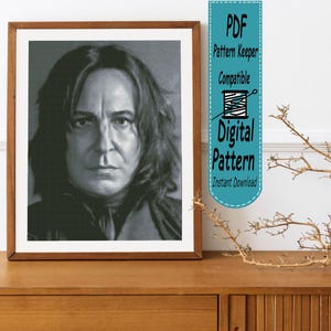 May include: A framed black and white portrait of a person with shoulder-length dark hair. To the right, a teal vertical banner displays the text: PDF Pattern Keeper Compatible, DIGITAL Pattern, Instant Download, with a needle and thread icon.