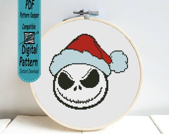 Christmas Cross Stitch Pattern PDF, Xmas Skull in Santa Hat Embroidery Chart, Gothic Holiday Needlepoint, Easy Spooky Xmas Cross Stitch