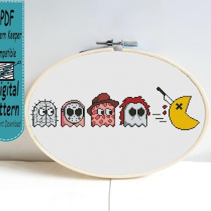 Kreuzstichmuster mit Horror-Thematik, Stickvorlage für Retro-Arcade-Spiele, lustiges Geister-Slasher-Stickmuster, Halloween-Pixel-PDF-Sofortdownload