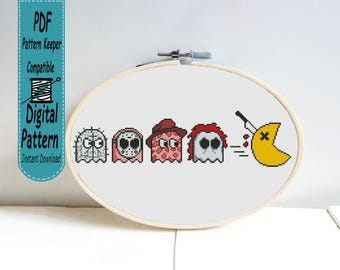 Kreuzstichmuster mit Horror-Thematik, Stickvorlage für Retro-Arcade-Spiele, lustiges Geister-Slasher-Stickmuster, Halloween-Pixel-PDF-Sofortdownload