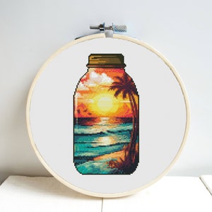 Sea in a bottle Cross Stitch Pattern DMC Chart Two Color Variations Needlepoint Embroidery Chart Printable PDF Instant Download