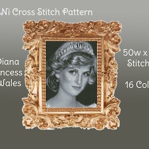 May include: A black and white cross stitch pattern of Diana, Princess of Wales, in a gold frame. The pattern is 50 stitches wide by 64 stitches high and uses 16 colors.