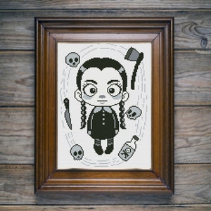 May include: A black and white cross-stitch pattern featuring a girl with pigtails, a black dress, and a skull and crossbones bottle. The pattern is surrounded by skulls, a knife, and an axe.