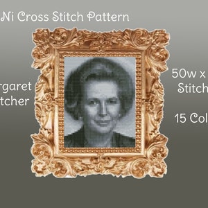 May include: A black and white cross stitch pattern of Margaret Thatcher in a gold frame. The pattern is 50 stitches wide by 64 stitches high and uses 15 colours.