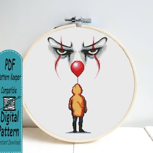 Scary Clown and Yellow Raincoat Cross Stitch Pattern, Halloween Embroidery Chart, Spooky Horror Needlepoint, Modern Monochrome PDF Download