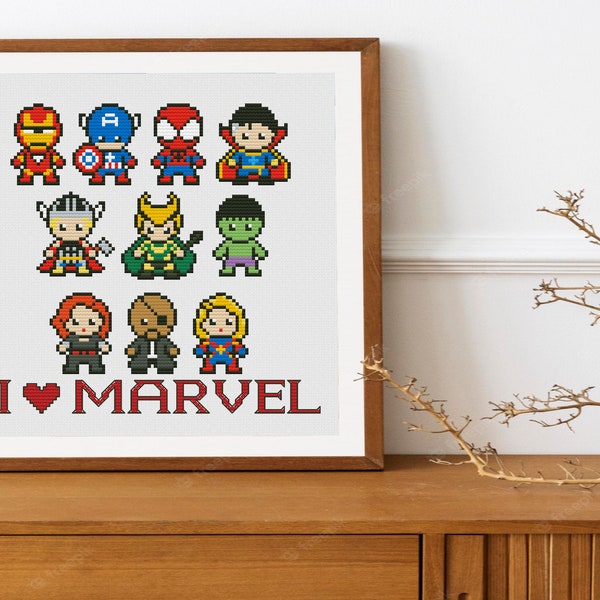 I LOVE MARVEL Cross Stitch Pattern dmc Chart Two Color Variations Needlepoint Embroidery Chart Printable PDF Instant Download