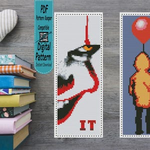 Schema per punto croce con segnalibro horror, palloncino rosso e pagliaccio spaventoso, PDF con due varianti di colore, semplice punto croce di Halloween