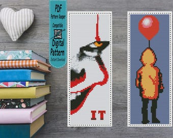 Horror Bookmark Cross Stitch Pattern, Red Balloon and Scary Clown Needlepoint PDF, Two Color Variations Chart, Simple Halloween Cross Stitch