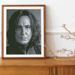 May include: A framed black and white portrait of a man with long dark hair and a stern expression. The artwork is displayed in a wooden frame and rests on a wooden cabinet. The portrait is a pixelated image.